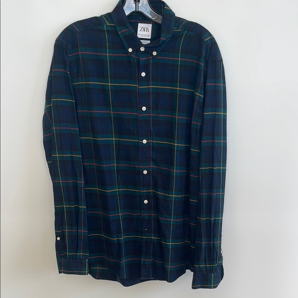 Zara Blue and Green Casual Plaid Button Down Shirt Relaxed Fit Size L